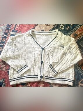 Vintage-Inspired Cable Knit V-Neck Cardigan Sweater - White with dark Trim